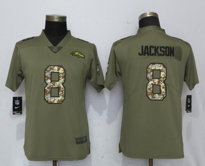 Women Baltimore Ravens #8 Jackson Olive Camo Carson Nike Salute to Service Player NFL Jerseys->los angeles lakers->NBA Jersey